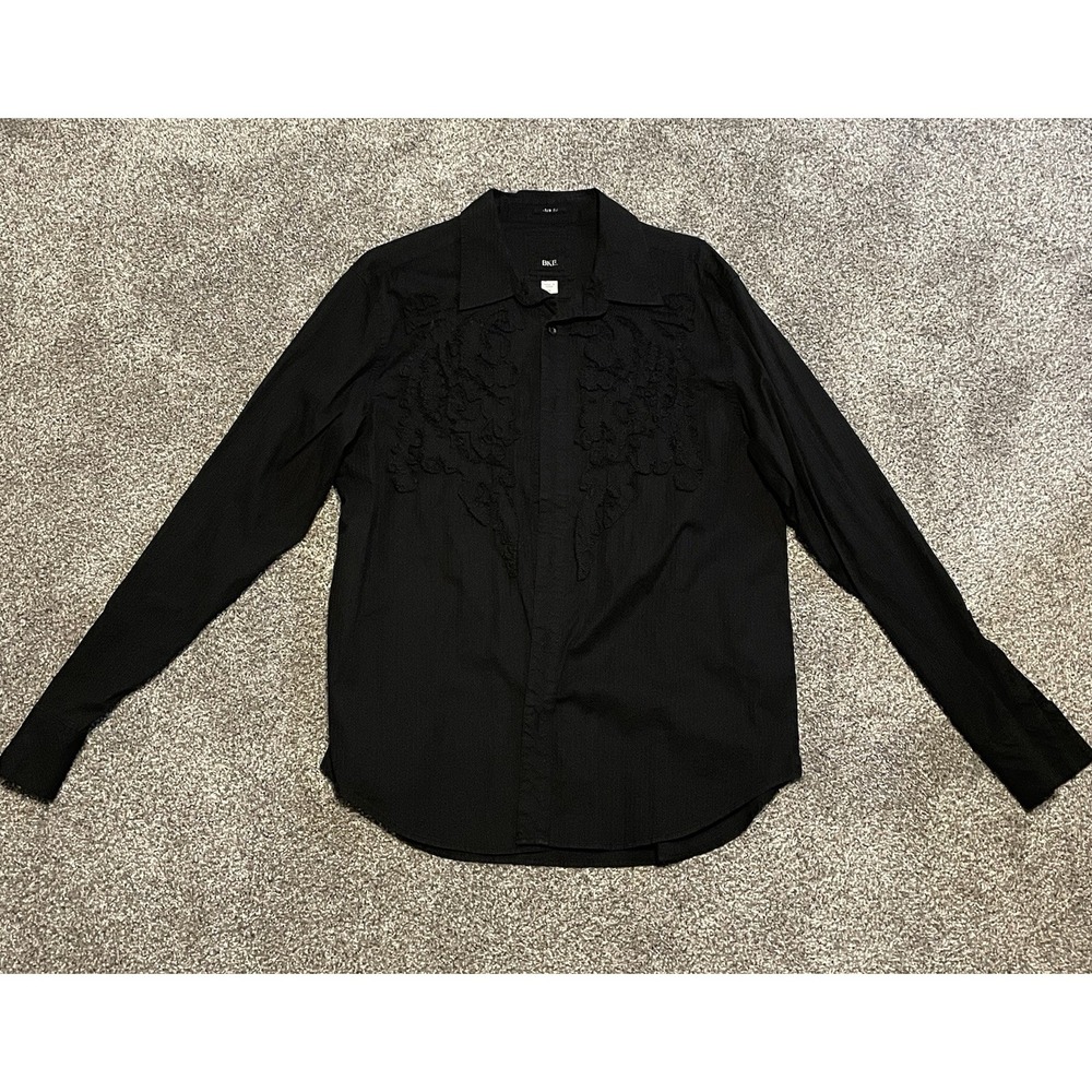 Buckle BKE mens XL Black Button Up Shirt Slim Fit‎ Embroidered Long Sleeve